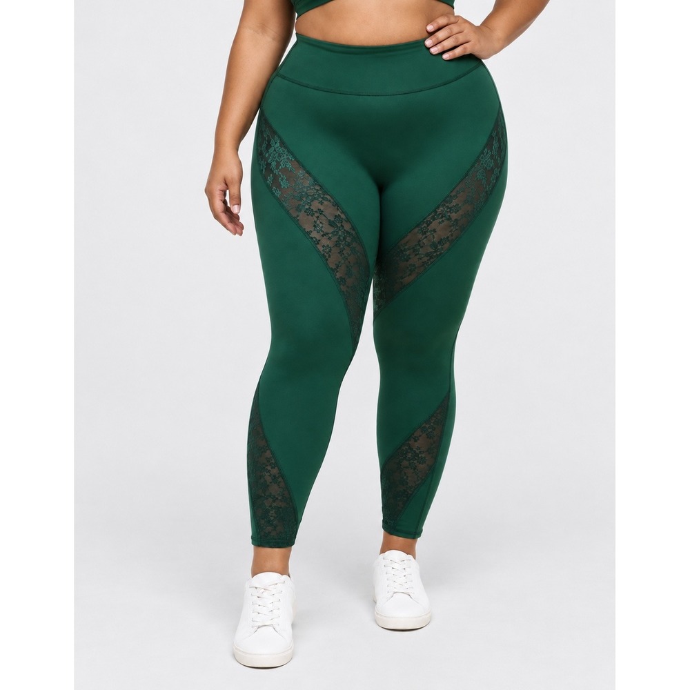 Adore Me Mari Leggings Womens XL Dark Green Lace Panel High Waist Yoga Pants